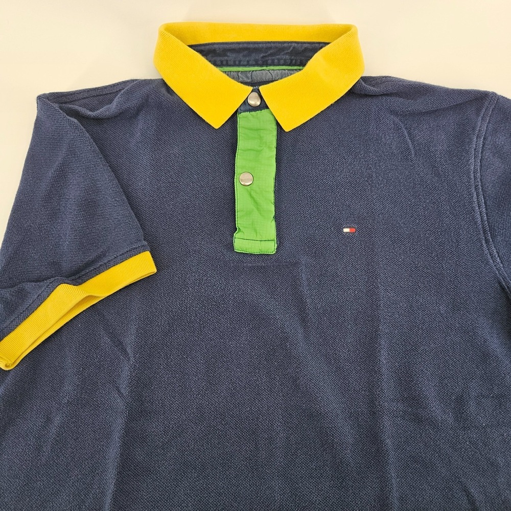 Vintage Tommy Hilfiger Polo Shirt Mens XL Navy Colorblock Partial Zip Snap Pique